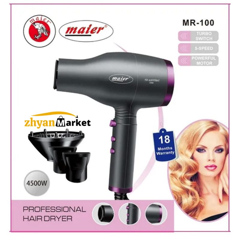 سشوار حرفه ای مایر مدل MR-100 یک سشوار ارگونومیک با توان 4500 وات است.